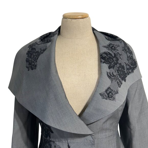 Valentino Gray Blazer With Black Lace Detail Made In Italy Size 10 Draped Collar - Picture 3 of 16